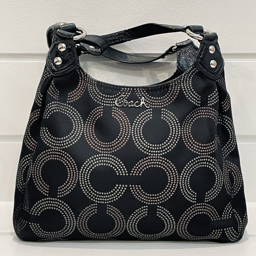 Coach Ashley Triple Compartment Dotted OP Art Hobo Tote Handbag Bag Black F21920 - Picture 3 of 16